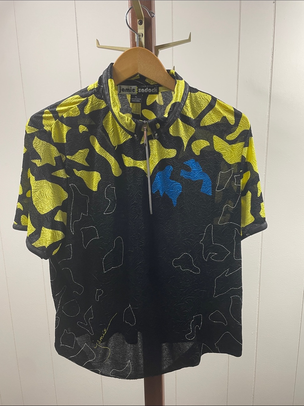 jamie sadock Black, Yellow & Blue Short Sleeve Zip Mock Neck Top